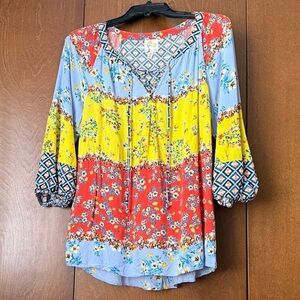Anthropologie Fig and Flower Boho Floral Patchwork Top EUC Sz Lg Ret $120